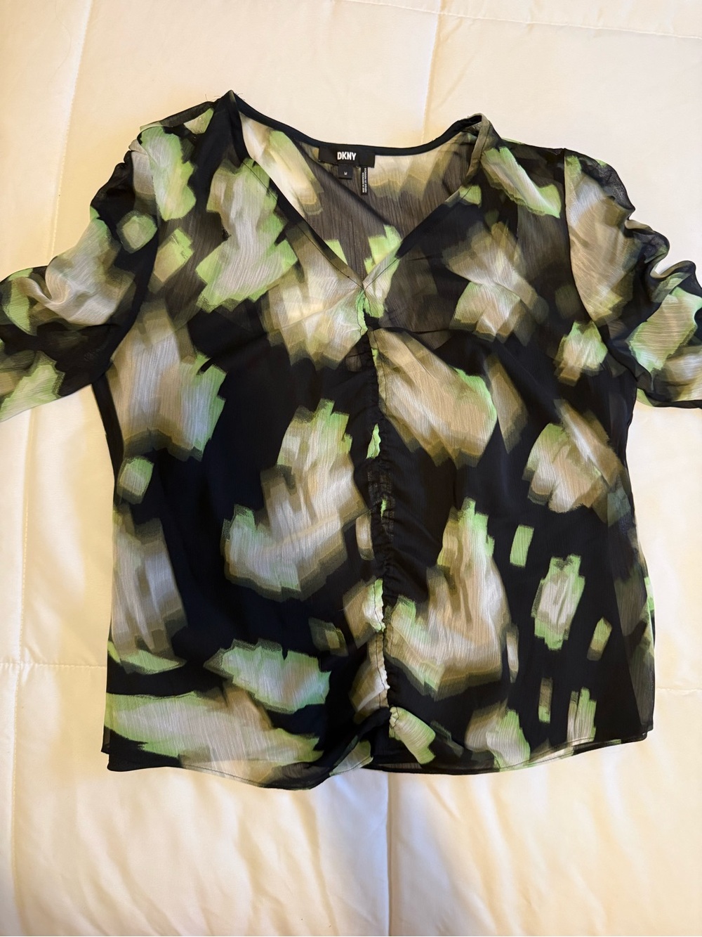DKNY Black Sheer V-Neck Blouse with Green and Cream Abstract Print
